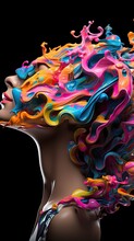  A Digital Painting Of A Woman's Head With Multi - Colored Swirls On It's Hair And A Black Background.  Generative Ai
