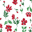 Elegant all over seamless Christmas floral vector repeat pattern with red and green anemone, daisy or poppy like flowers tossed on white. Sophisticated Christmas botanical background.