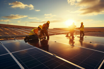 Technician works with solar panels in a field against a sunset background. The concept of environment, renewable sources, power generation, alternative energy and ecology.