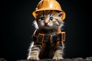 Wall Mural - Kitten builder in professional uniform. Portrait with selective focus and copy space