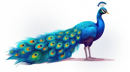 Canvas Print -  a blue and green peacock standing on a white surface with its feathers spread out and it's head turned to the side.  generative ai