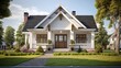 The front view of a new construction cottage craftsman style white house with a triple pitched roof with a sidewalk, landscaping and curb appeal. 8k,