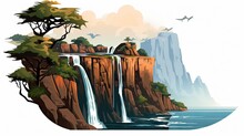  A Waterfall In The Middle Of A Large Body Of Water With A Bird Flying Over The Top Of The Waterfall.  Generative Ai
