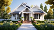 The Front View Of A New Construction Cottage Craftsman Style White House With A Triple Pitched Roof With A Sidewalk, Landscaping And Curb Appeal. 8k,