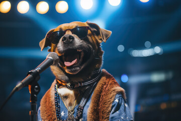 A Dog with sunglasses singing on the stage of the concert hall. Talented dog, professional musician performing, music, hobby, festival, modern art collage. microphone, Rock Star, rock'n roll