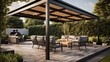 Trendy outdoor patio pergola shade structure, awning and patio roof, garden lounge, chairs, metal grill surrounded by landscaping 8k,