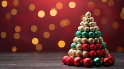 Poster -  a small christmas tree made out of gold, green and red ornaments on a wooden table in front of a red and gold boke background.  generative ai