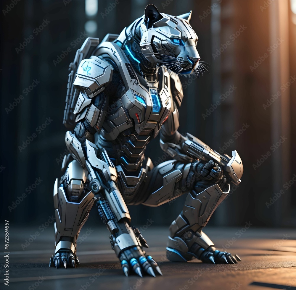 AI generated illustration of a robotic figurine of a cat on a metallic ...