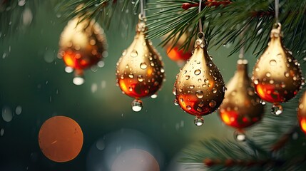 Poster -  a bunch of christmas ornaments hanging from a tree branch in the rain with drops of water on them and a boke of lights in the background.  generative ai