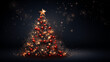 Tło świąteczne na życzenia z ozdobioną choinką i z prezentami na Święta Bożego Narodzenia. Granatowa tapeta