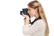 © Shubham/peopleimages.com - Photography, camera focus and woman shooting creative memory picture, isolated or digital production. Lens, art creativity and freelance photographer profile working on transparent, png background