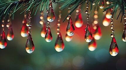 Poster -  a group of drops of water hanging from a pine tree branch with a blurry background of water droplets hanging from a pine tree branch.  generative ai