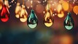  a group of light bulbs hanging from a line with raindrops hanging off of it's sides in front of a boke of a blurry background.  generative ai