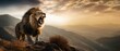 AI generated illustration of an African lion roaring, standing on a hilltop in a savannah