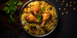Exotic Delicacy: A Bowl of Spicy Chicken Biryani with Raita and Salan on wood table background ai generated