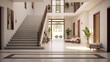 Interior design of modern entrance hall with staircas.Generative AI