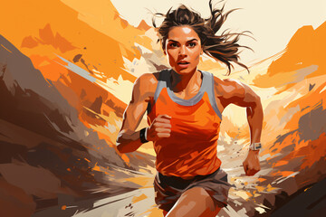 Wall Mural - Mountain backdrop with running woman