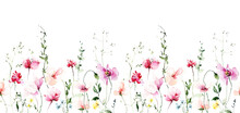 Watercolor Floral Seamless Border Frame On White Background. Pink, Orange Growing Wild Flowers, Herbs, Leaves And Twigs.