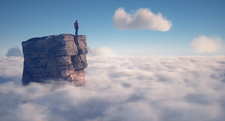 Wall Mural - Hiker on top of a mountain over a cloud.