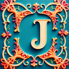 Wall Mural - Gold letter J on floral vintage background. Generative AI