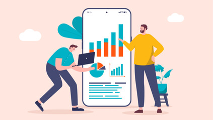 Fototapete - People and pie chart - Two business men working on financial statistics, data and graph on phone screen, analysing and finding answers. Flat design vector illustration with beige background