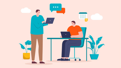 Poster - People talking in office - Two men with laptop computers having conversation and dialogue at work, sitting and standing at desk. Flat design vector illustration