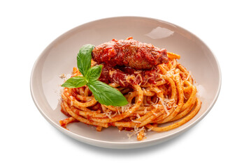 Wall Mural - Bucatini pasta with meat rolls and tomato sauce and basil leaves and parmesan cheese in white plate isolated