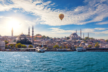 Wall Mural - Ships in the Bosphorus by Suleymaniye and Rustem Pasha Mosques, Istanbul, Turkey