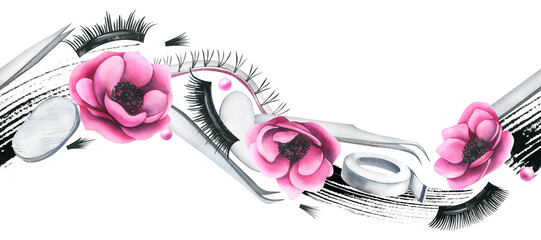 Wall Mural - Cosmetics and brushes for eyes and eyebrows, tubes with pink anemone flowers. Watercolor illustration hand drawn. Seamless border on a white background. For eyelash extension and lamination