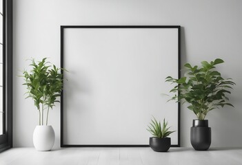 Empty horizontal frame mockup in modern minimalist interior with plant in trendy vase on white wall