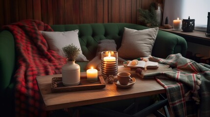 Canvas Print - Cozy atmosphere with candles, a couch full of blankets, and a checkered soft blanket