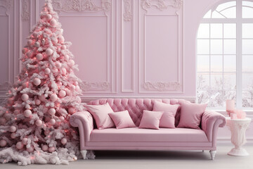 Wall Mural - Pink living room interior decorated for christmas
