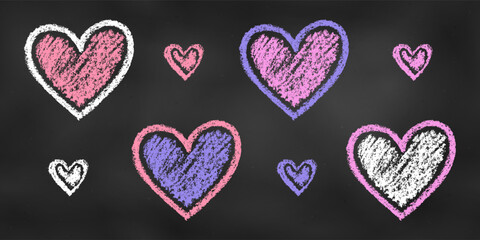 Wall Mural - Set of Design Elements Hearts of Different Colors Isolated on Chalkboard. Realistic Chalk Drawn Sketch.