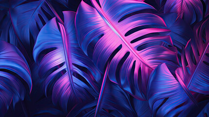 Wall Mural -  a bunch of purple and blue leaves on a black background.  generative ai