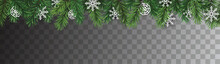 Vector Seamless Decorative Christmas Garland With Coniferous Branches And Paper Snowflakes On Transparent Background