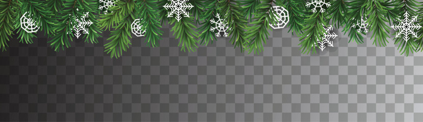 Wall Mural - vector seamless decorative christmas garland with coniferous branches and paper snowflakes on transp