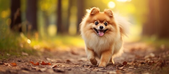 Poster - An adult Pomeranian spitz dog playing outside on a walk and smiling