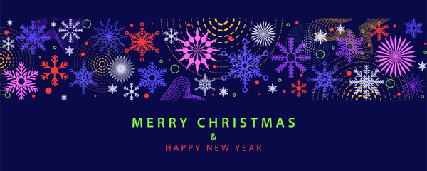 Wall Mural - Merry Christmas and Happy New Year festive design with border in modern line art concept