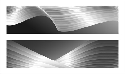 Monochrome cover design, abstract background. Wavy silver parallel gradient lines, ribbons, silk. Set of 2 backgrounds. Black and white with shades of gray banner, poster. eps vector