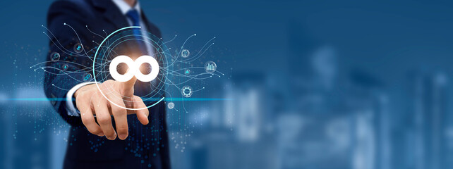 Wall Mural - navigating the development cycle with devops (development and operations) on the virtual screen.