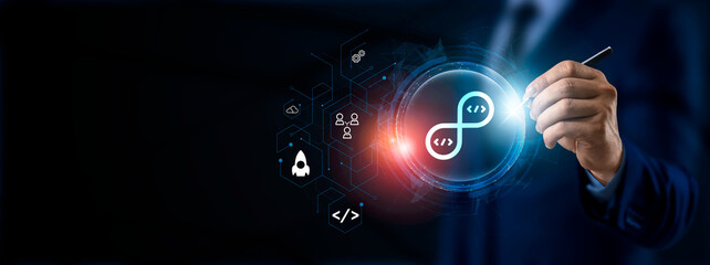Wall Mural - devops (development and operations). the synchronization concept on the virtual screen.