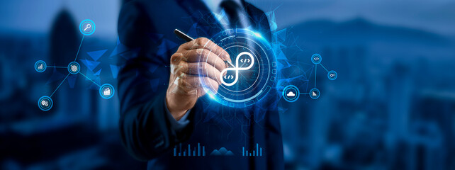 Wall Mural - devops (development and operations). the synchronization concept on the virtual screen.