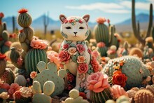 AI Generated Illustration Of A Cat Dressed In A Colorful Floral Costume Standing In A Field Of Cacti