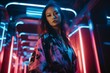 Portrait of young asian fashionable girl in neon lights. A low angle view
