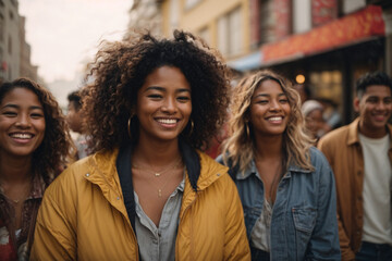 Multiethnic group of happy friends in the street