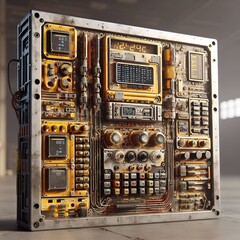 A sci-fi metallic control panel in yellow and orange tones, featuring intricate details, buttons, and computer chips, rendered in high resolution (8K) using the V-Ray engine with Unreal-style 