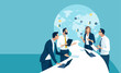 Discussion about global trade and investing. The business team stands at a table in the shape of an arrow pointing to a globe. Business vector illustration. 