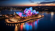 Sydney Opera House: An iconic shot of the Sydney Opera House illuminated with colorful lights in honor of Australia Day