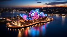 Sydney Opera House: An Iconic Shot Of The Sydney Opera House Illuminated With Colorful Lights In Honor Of Australia Day