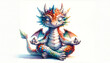 Watercolor illustration of baby dragon meditating in yoga lotus position. Cute and funny illustration
